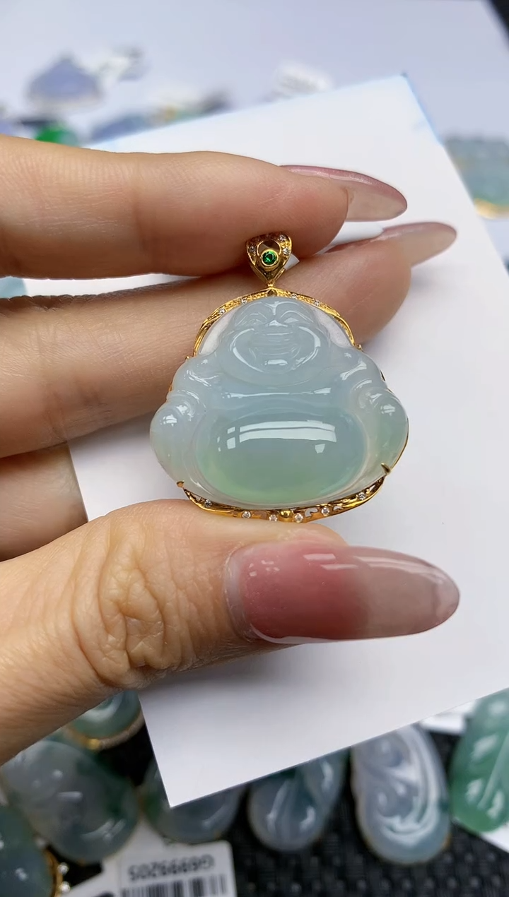 【闪购商品】翡翠挂件18K金镶嵌天然翡翠A货