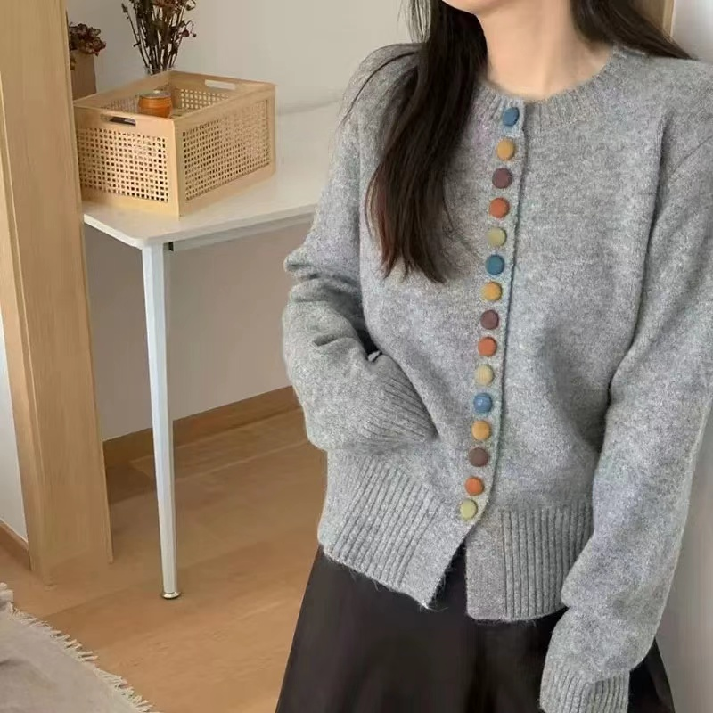 七针加厚彩扣针织开衫复古宽松开衫