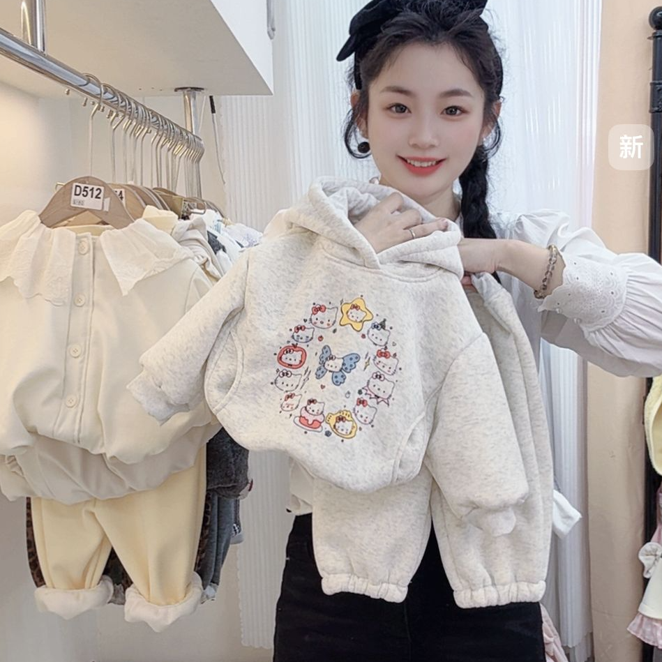 【现现】秋冬款女宝宝卡通KT猫动漫分体花灰色套装加绒卡通印花