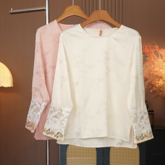 【番喜】新中式蕾丝刺绣提花衬衫女士长袖轻奢国风独特好看上衣打底