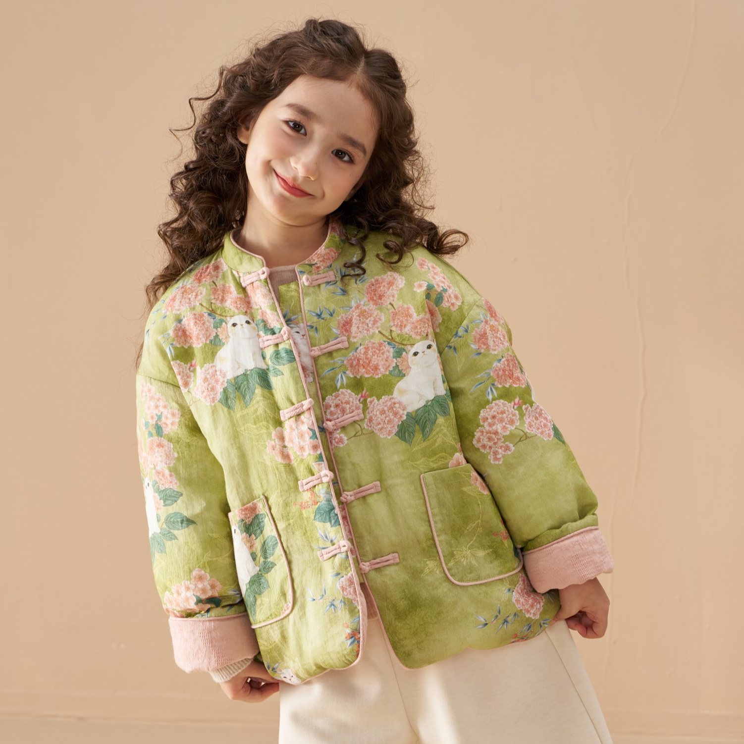 【三星安心绒】灵猫【100%苎麻 】两面穿女童90白鸭羽绒外套 PF51103