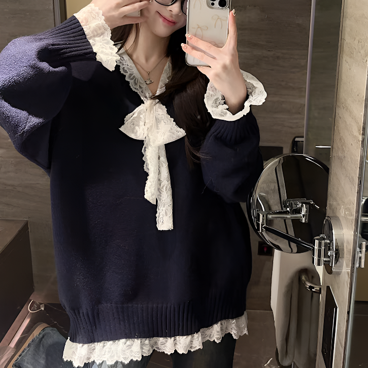慵懒拼接蕾丝边蝴蝶结毛衣针织秋冬长袖宽松韩版甜美