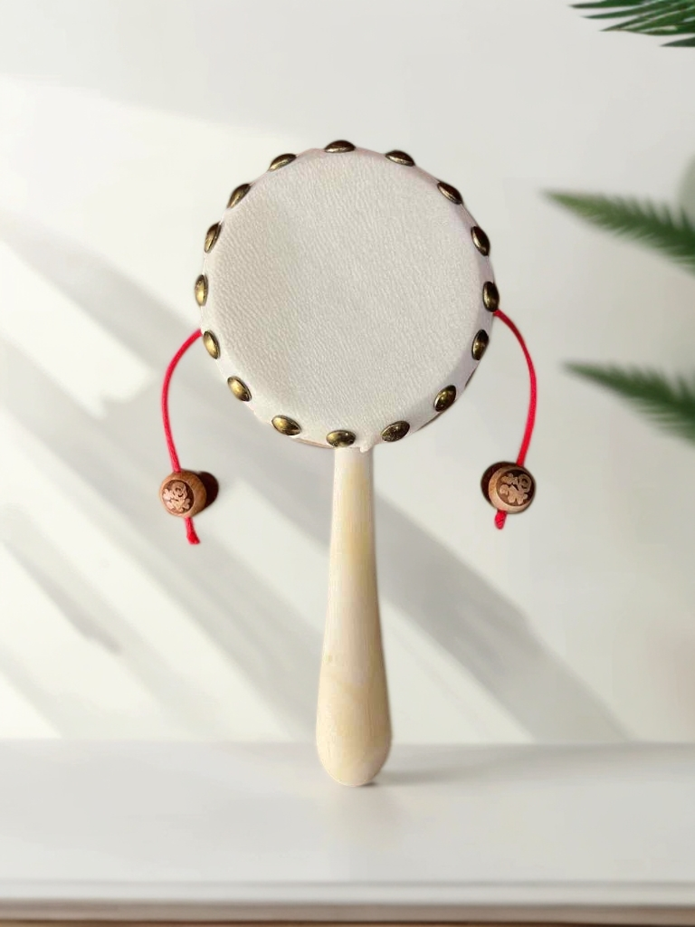 花椒木手柄可啃咬实木羊皮拨浪鼓手工制作听声益智宝