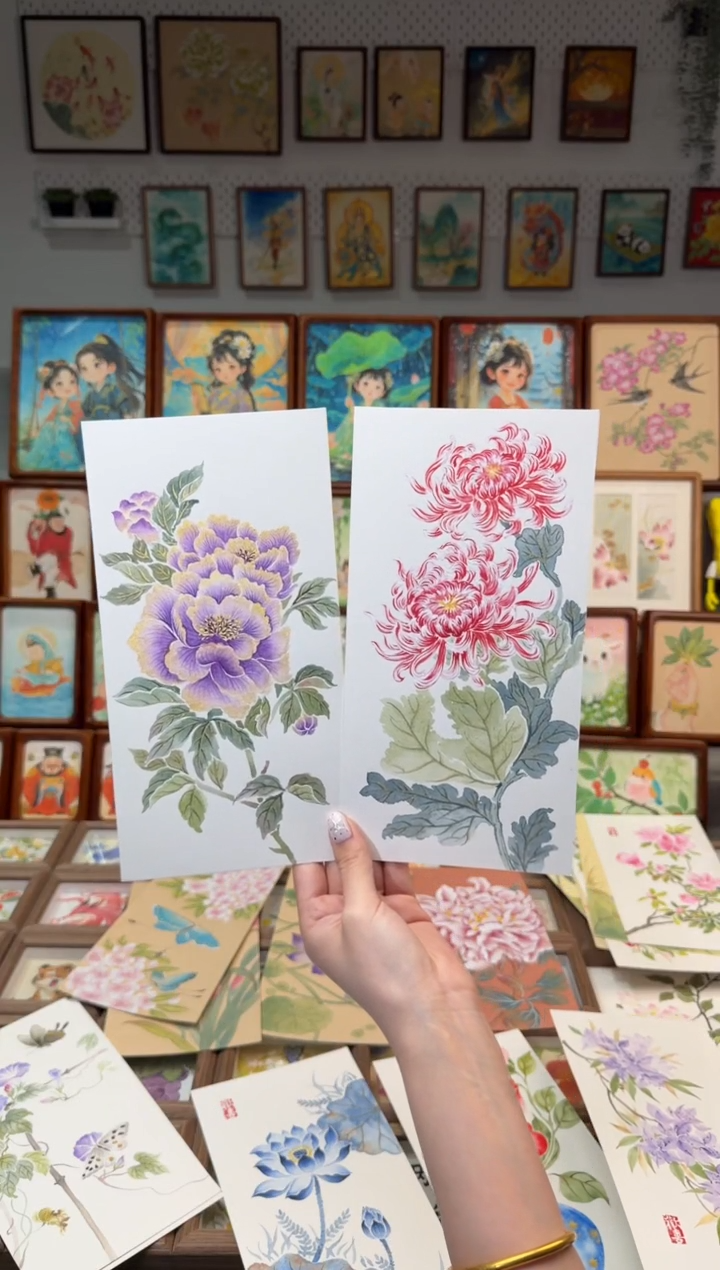 国画甜*?紫牡丹 红菊花 手绘国画
