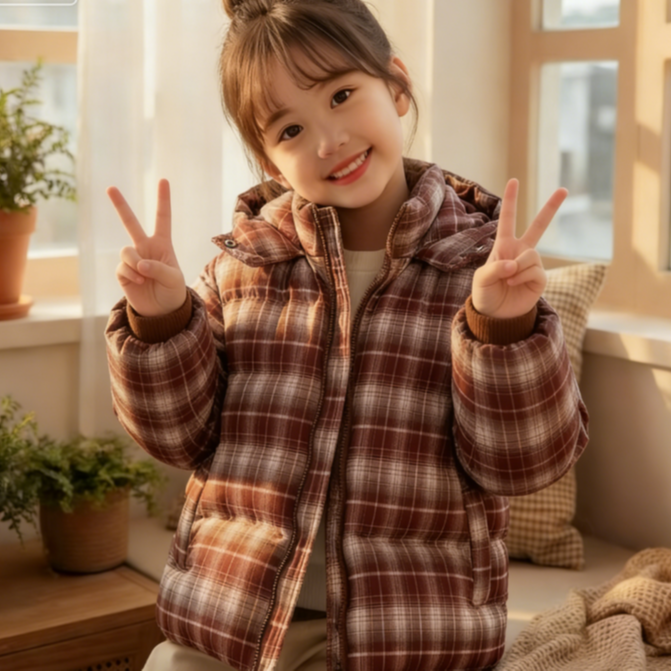 女童中大童加绒加厚格子棉服连帽棉袄童装冬装保暖