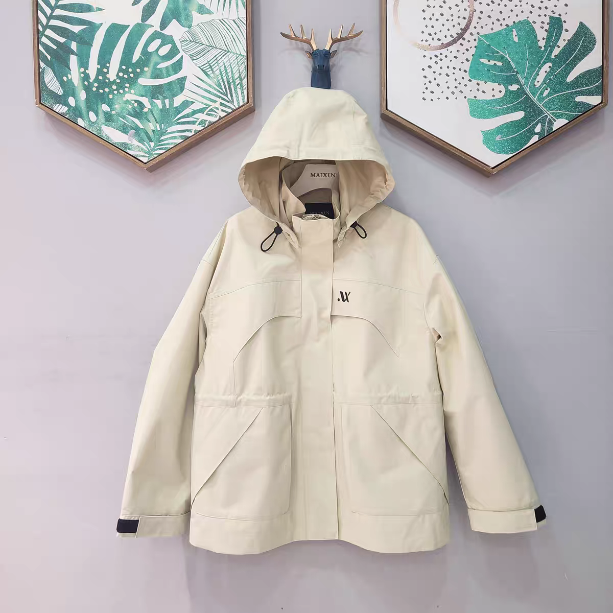 麦寻春季新款WAMBS04B鹅黄色中长外套连帽休闲百搭简约可收腰通勤