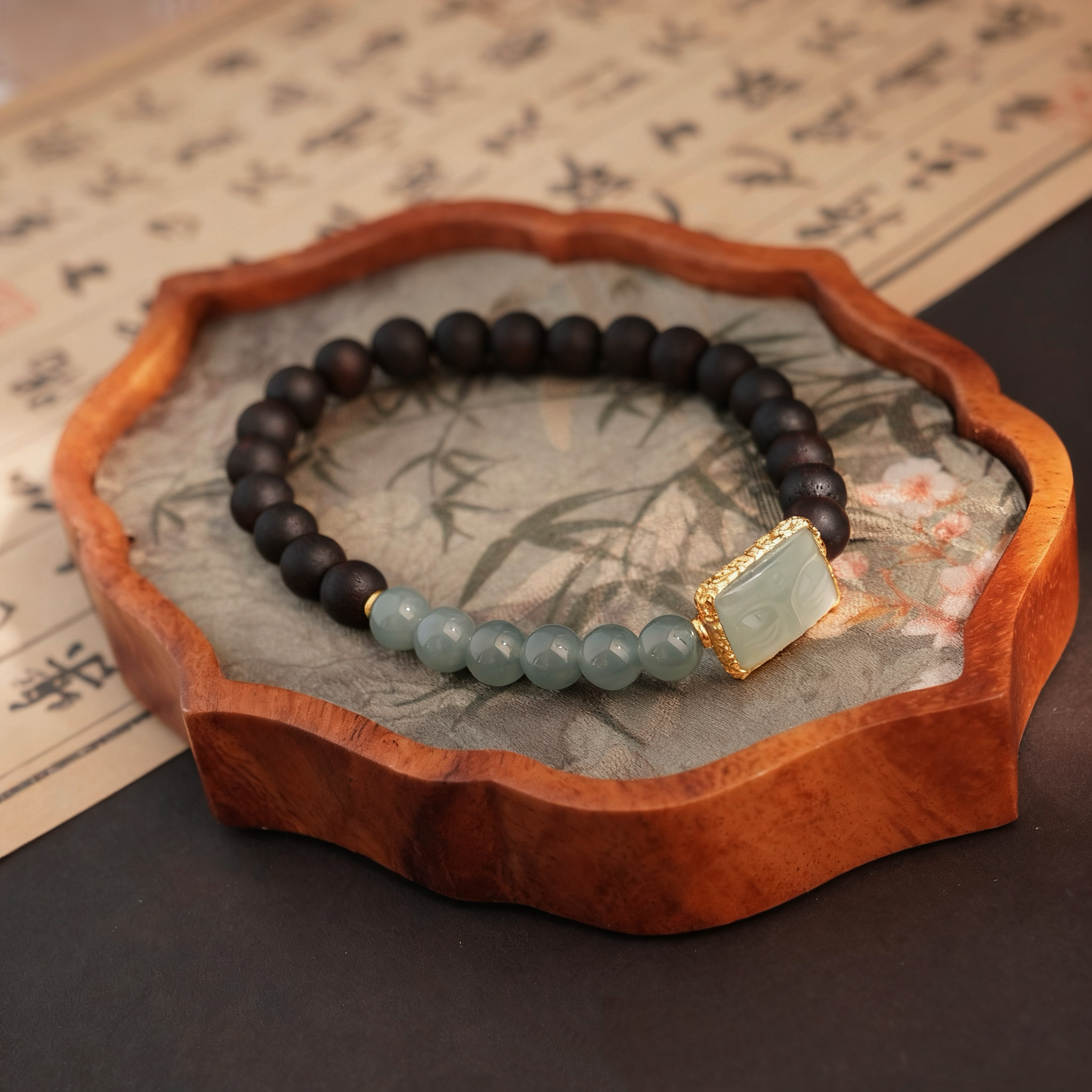 银s925镶嵌蓝水翡翠 绿度母 降真香手串（多样性发货）