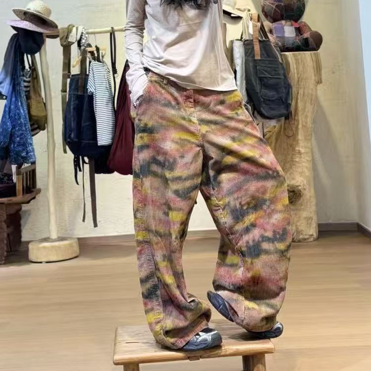 忆古朴拙241014秋冬新款双层印花宽松直筒裤休闲百搭复古休闲裤