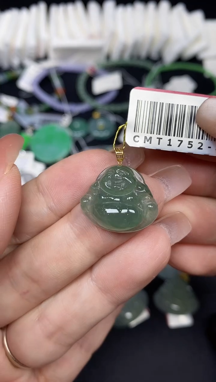 吊坠(不含链)18K金镶嵌翡翠佛公18K金扣镶嵌@@CMT1752-8