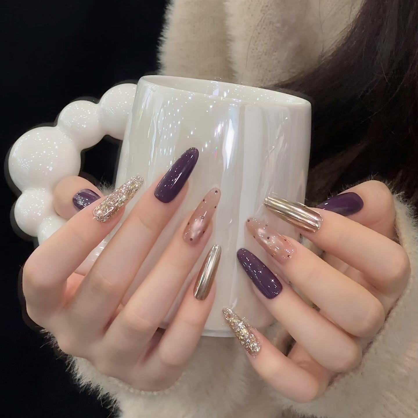 【紫醉金迷】-三月兔秋冬爆款魅惑酱紫显白美甲纯欲显白穿戴甲