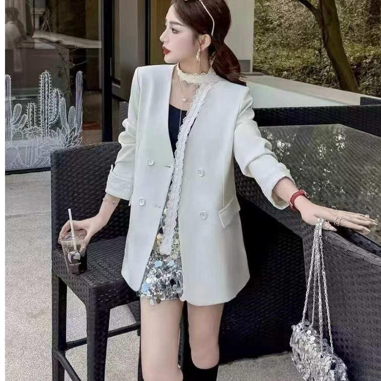 飘带气质韩版气质休闲西装外套V领春季蕾丝小西装显瘦女（2058#）