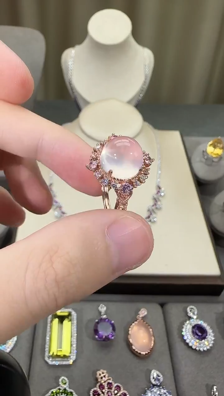 银S925镶嵌戒指芙蓉石10mm星光粉水晶戒指