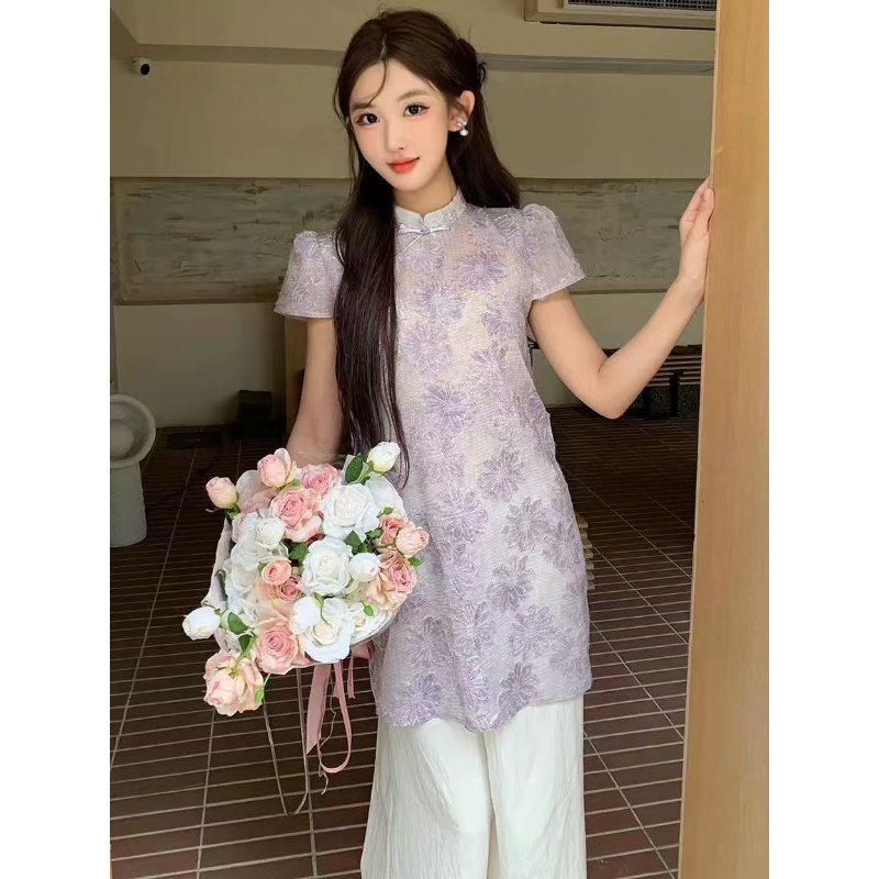 X228825-新中式国风提花改良旗袍中长款开叉上衣高腰阔腿裤两件套