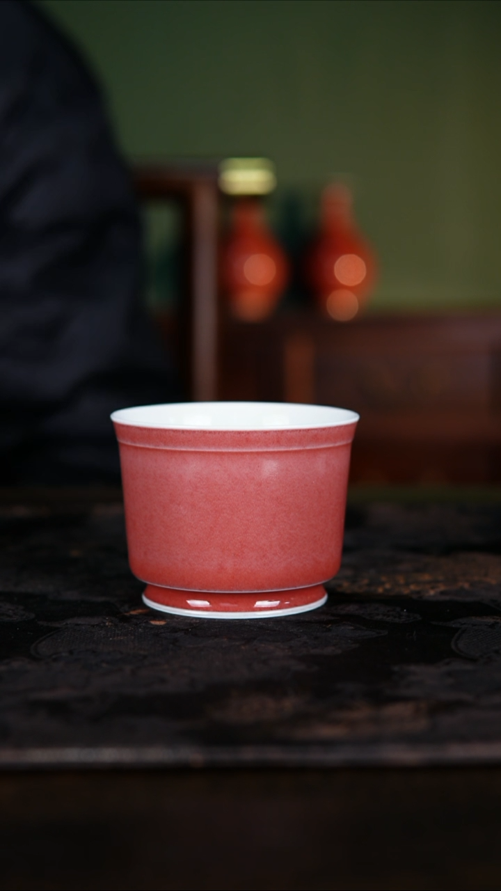 杯子白泥高温铜红釉豇豆红