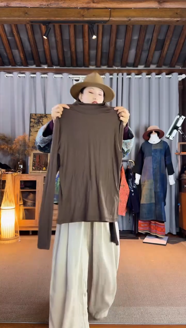 设计师款咖色高领天丝羊毛打底衫