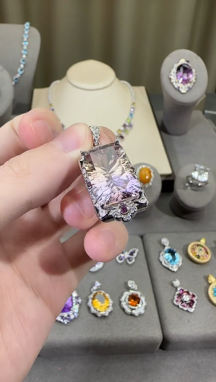 颈饰银S925镶嵌水晶12*20mm紫黄晶吊坠高级款