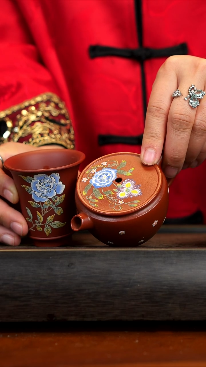 【闪购商品】紫砂茶壶大红皮汉瓦壶+蓝色妖姬杯