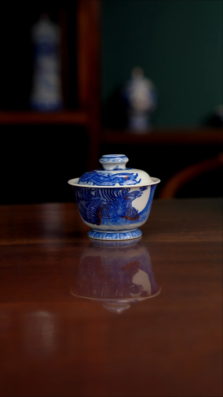 自成堂柴窑 青花釉里红 双凤