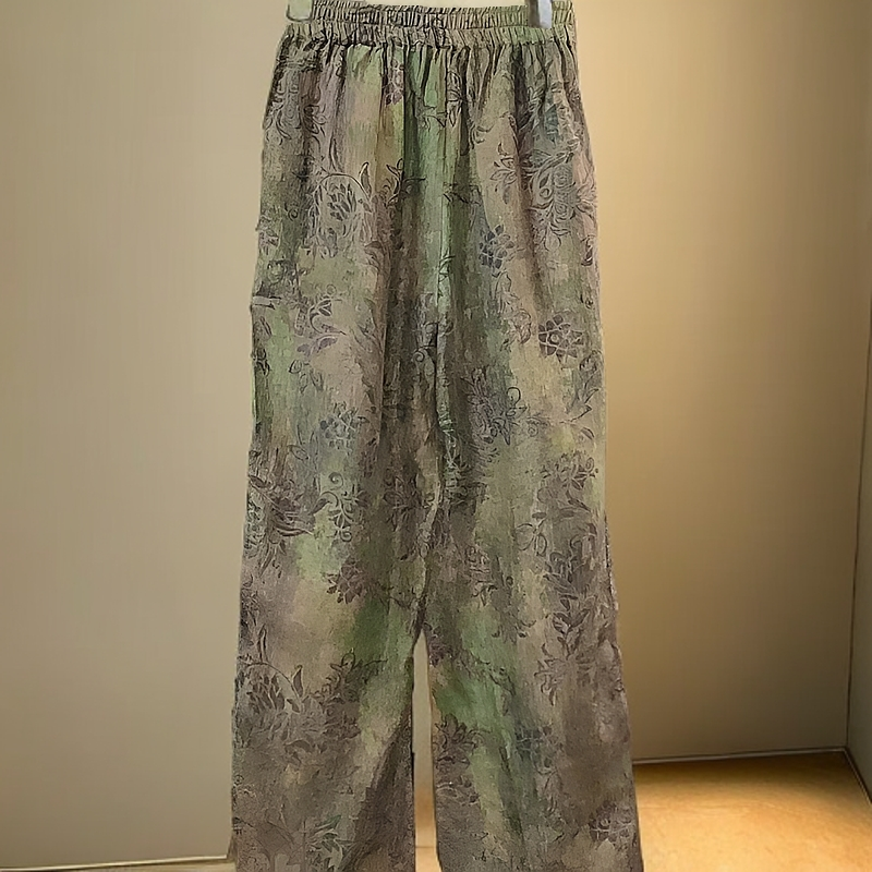 6023【绿翡】双面穿休闲裤复古印花松紧裤水墨百搭复古提花时尚中式