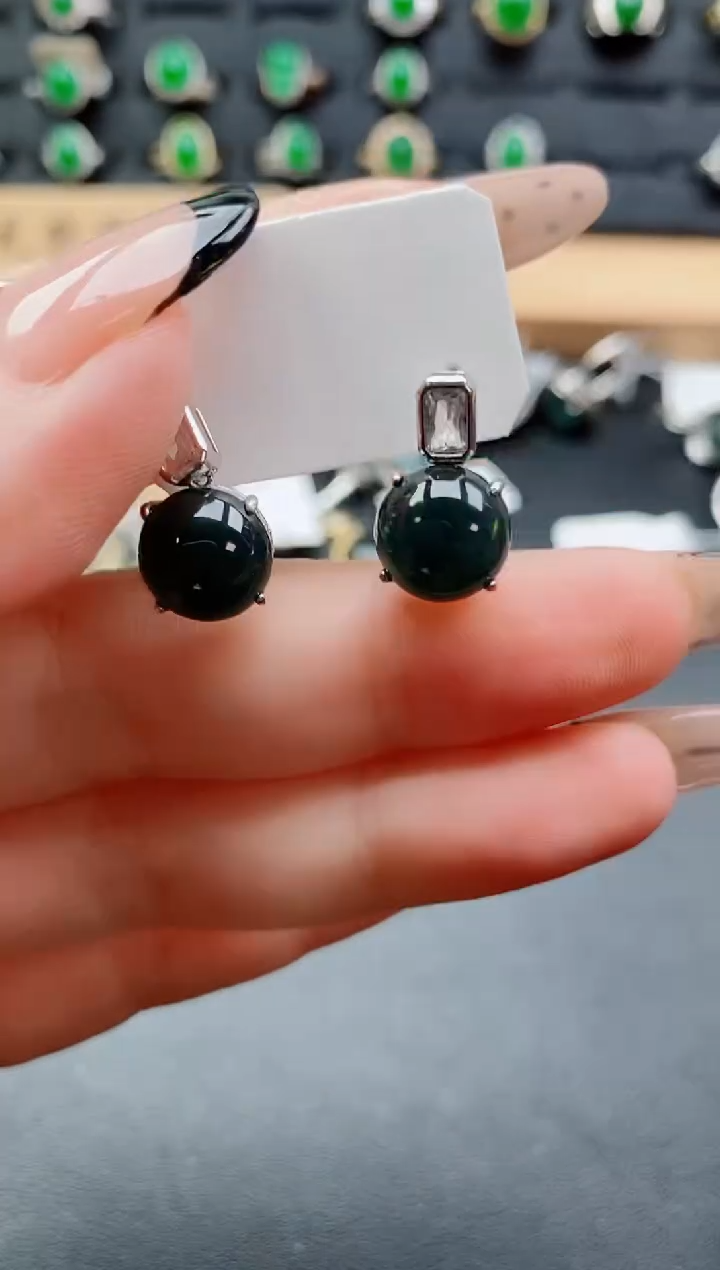 银S925镶嵌翡翠耳饰2121