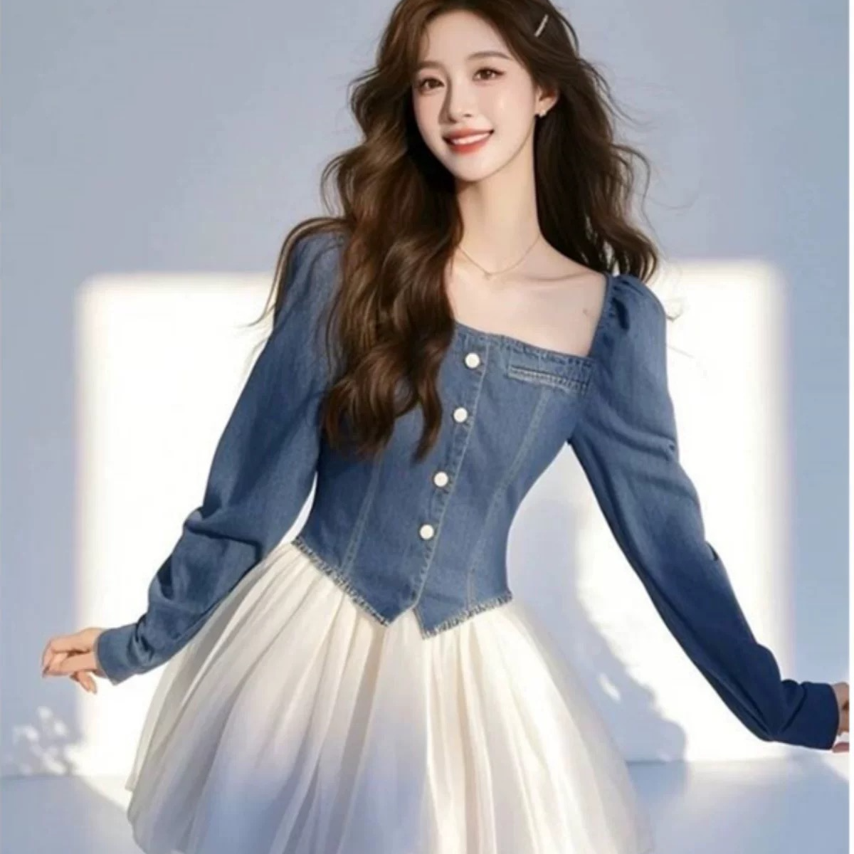 2025夏款牛仔连衣裙蓝色背带裙长袖气质显瘦