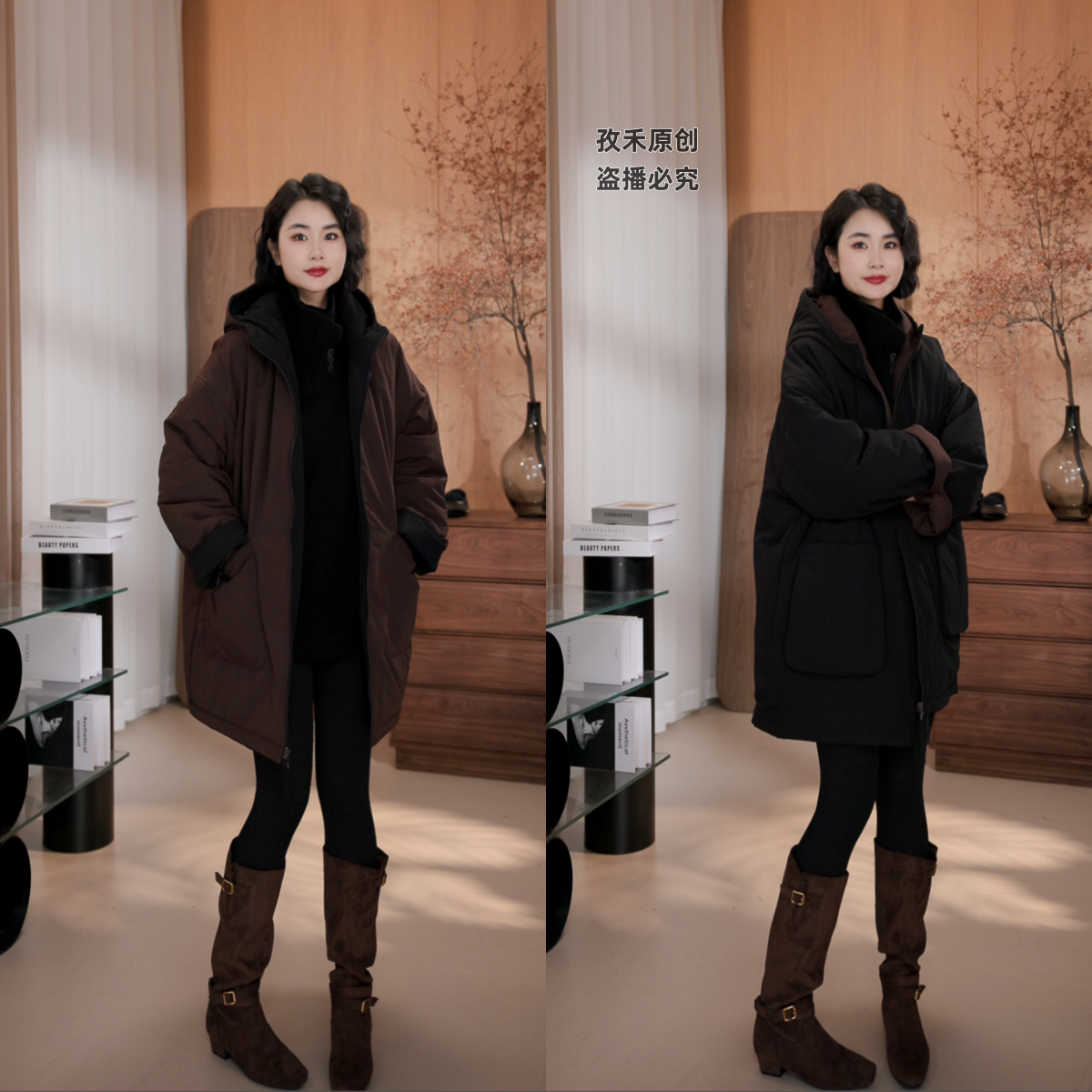 孜禾冬季正反两穿连帽棉衣显瘦减龄宽松百搭中长款女士外套保暖