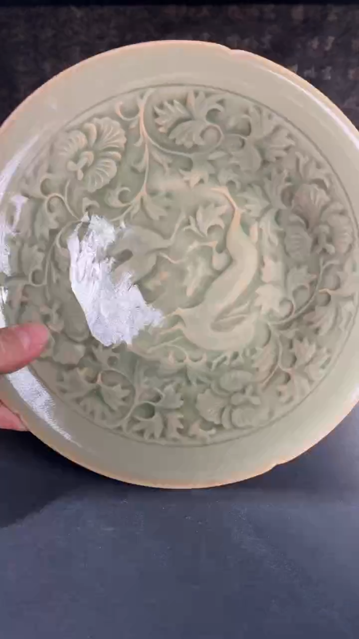 耀州窑仰山双鹿盘微瑕厚胎