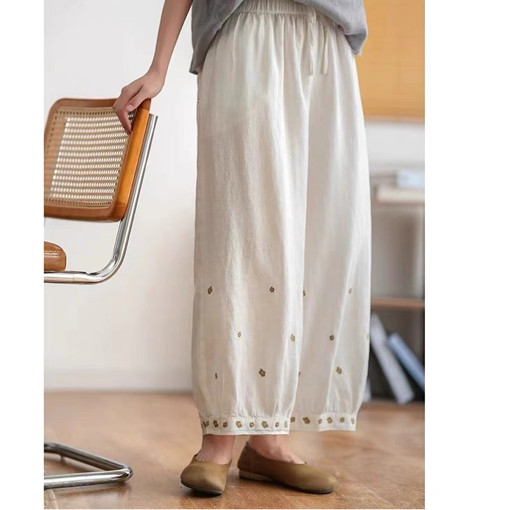 WH-236国风灯笼裤夏季休闲裤阔腿裤薄款长裤绣花百搭时尚松紧