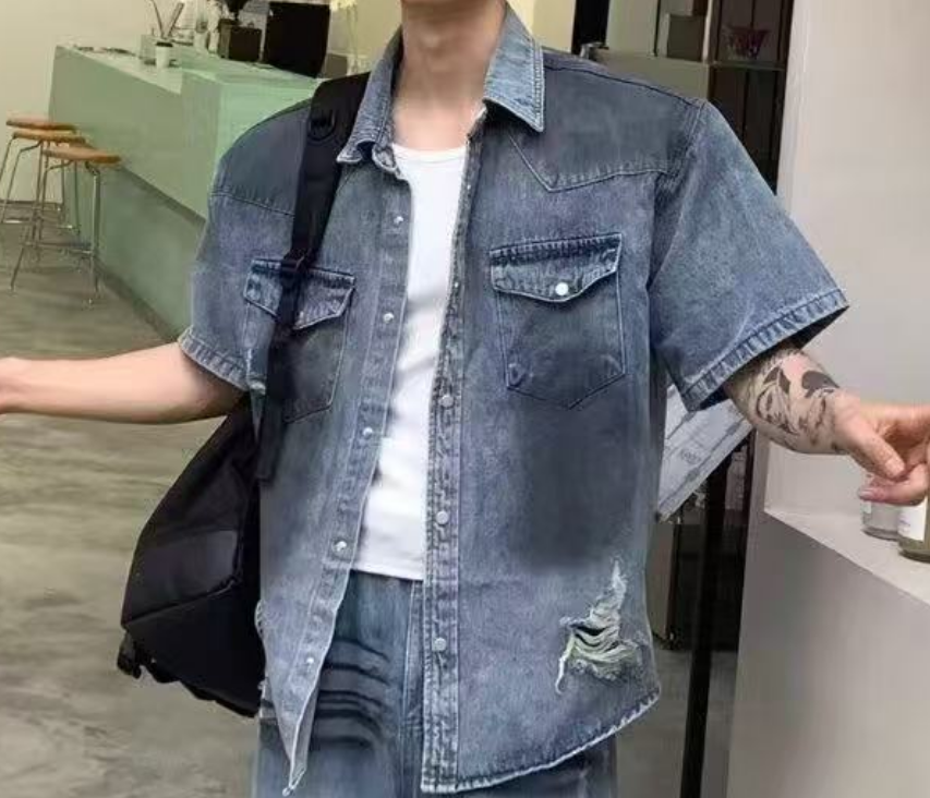 【娃嘿嘿专属】-5619-夏季休闲水洗牛仔短袖