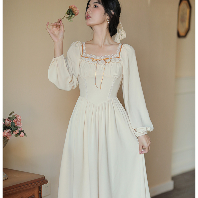 法式连衣裙方领复古裙子显瘦长裙春秋长袖【3026】