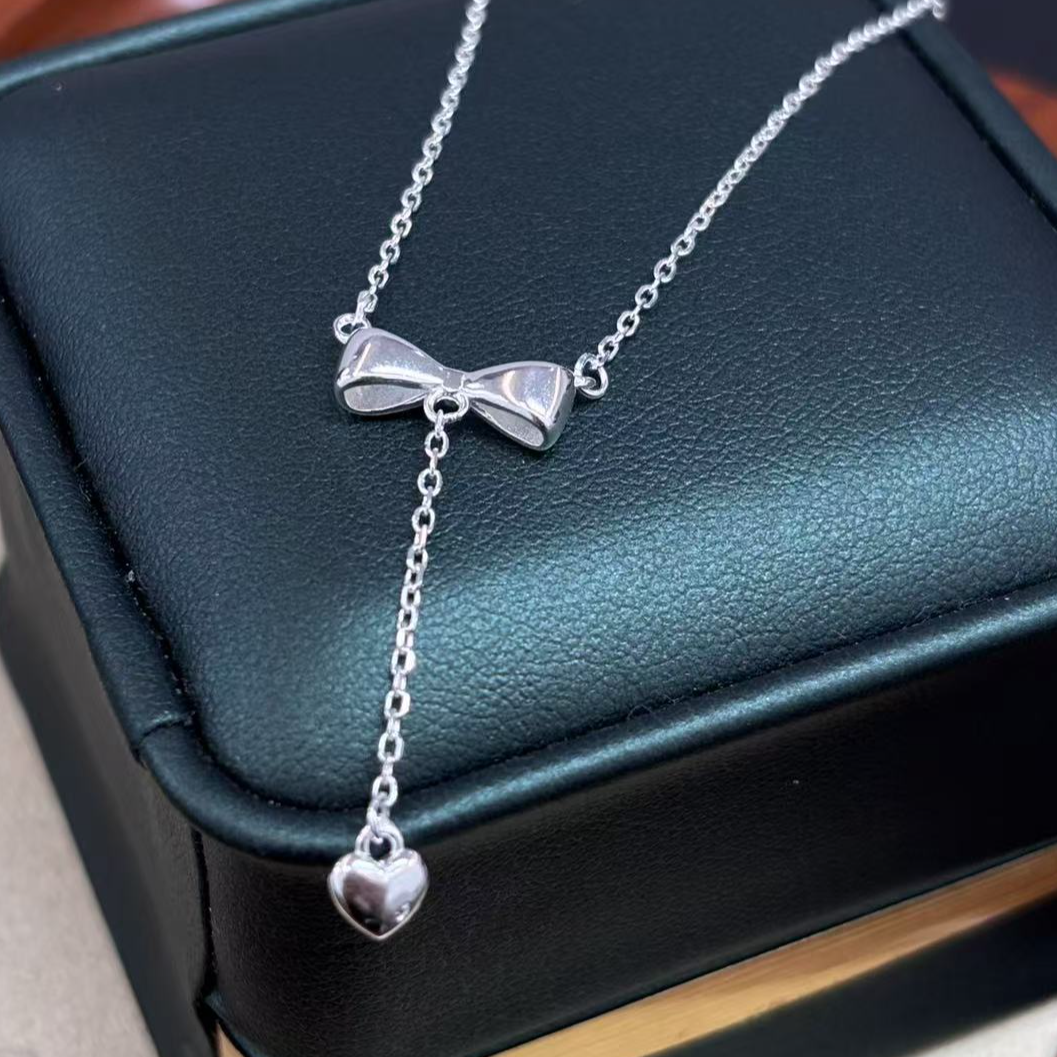 坠链均足银 足银990蝴蝶结素链时尚轻奢套链*（多样性单个发货）