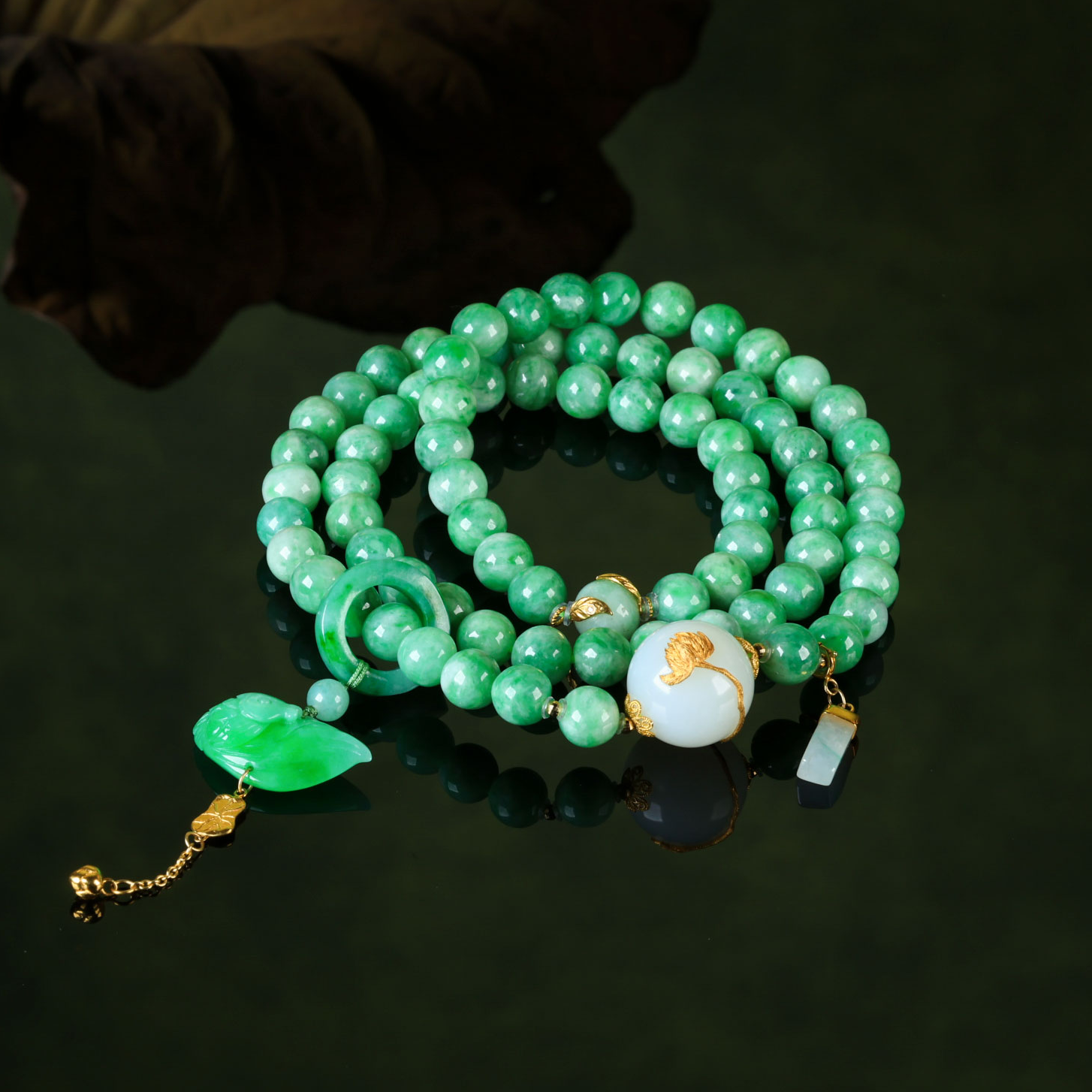 【意婵】《莲花境》7mm18K金天然缅A暖绿色翡翠多圈手串和田玉-917258