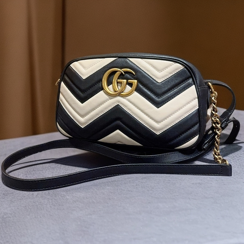 95新 GUCCI/古驰 黑白拼色相机包 1235 7972