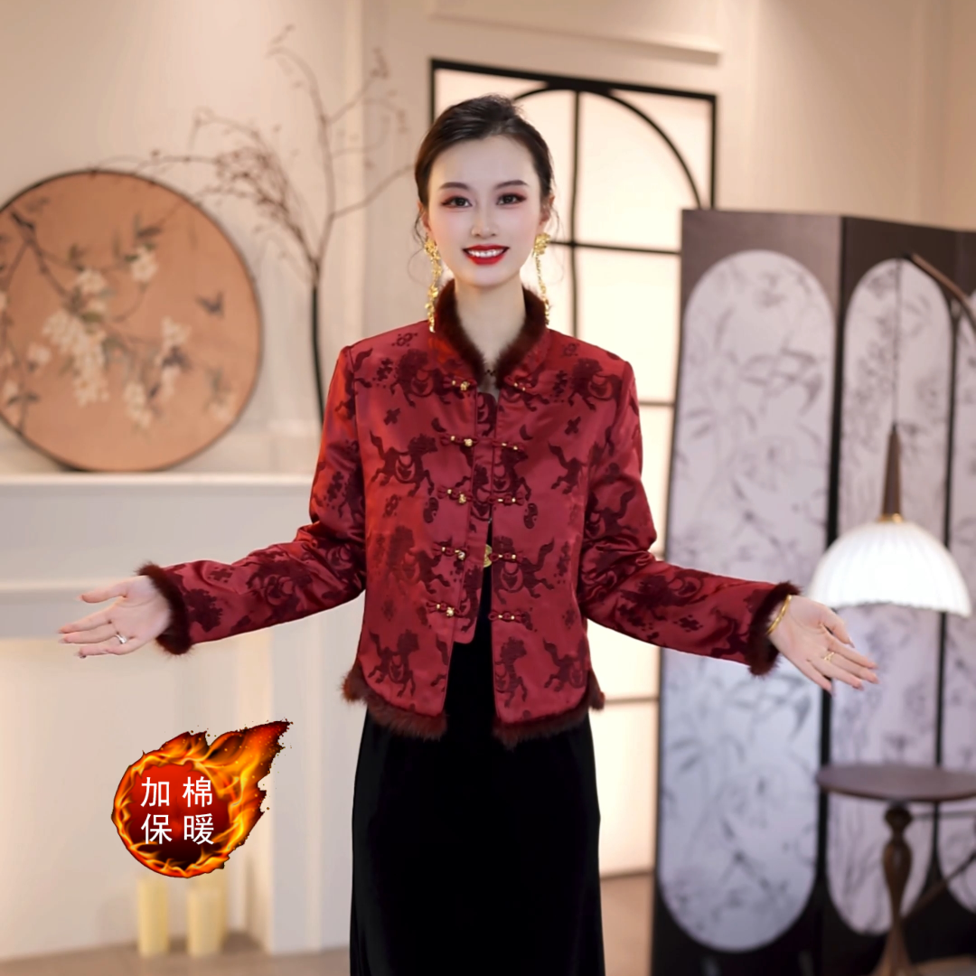 2025冬款新中式龙纹提花红锦夹棉外套M-4XL