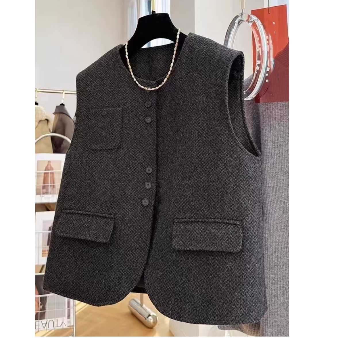 高级感气质别致夹棉毛呢子马甲背心外套女秋冬季叠穿无袖上衣