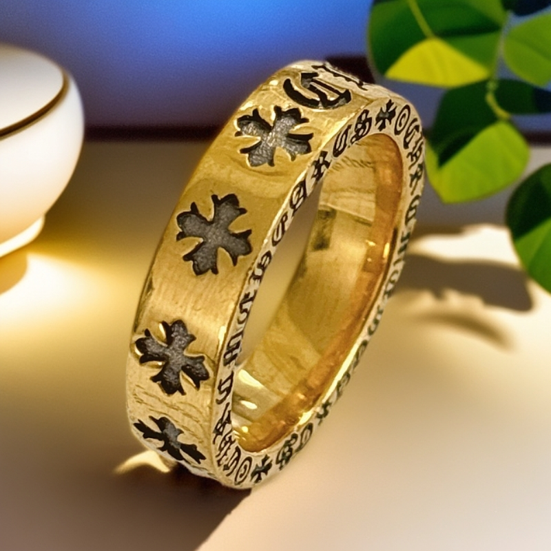 水贝千玺珠宝 鸢尾花六字真言足金999戒指黄金复古电黑工艺5D黑金