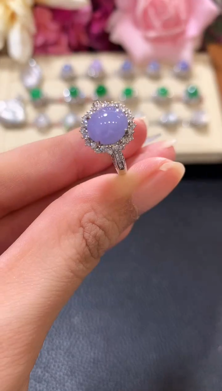 18K金镶嵌戒指翡翠z115紫色有色差