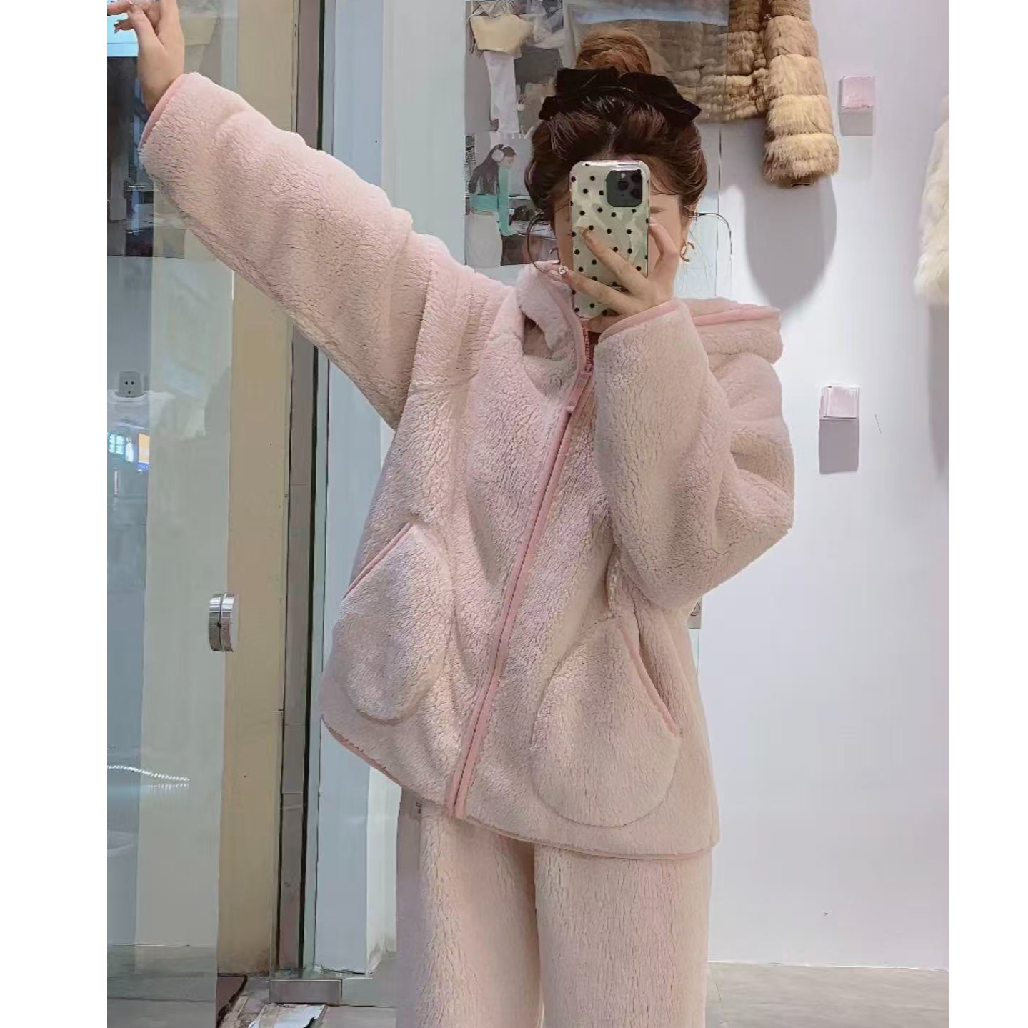 连帽加绒加厚冬季防静电情侣睡衣套装可外穿家居服