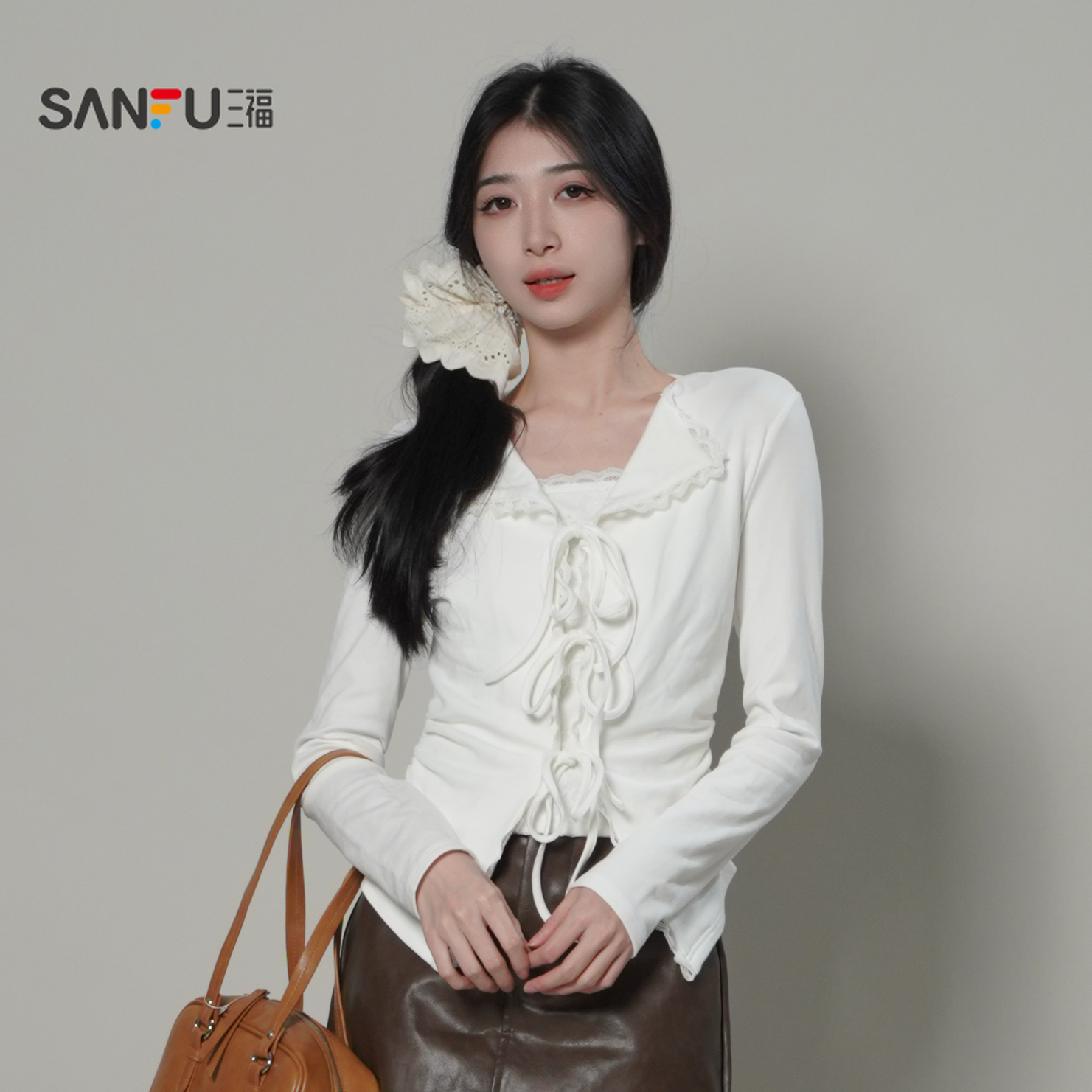 三福 冬季绑带假两件长袖设计感法式小众打底显瘦上衣 516586