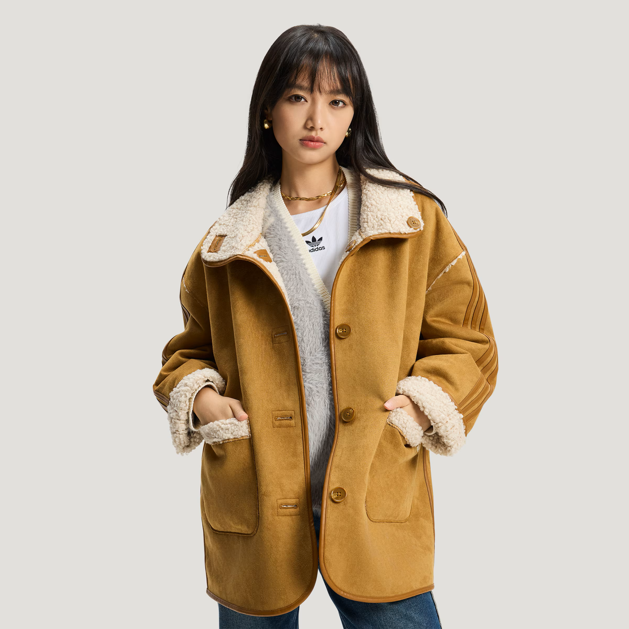 Adidas三叶草CRAFTED JACKET新年双面仿羊羔绒运动外套 KT3145 Y