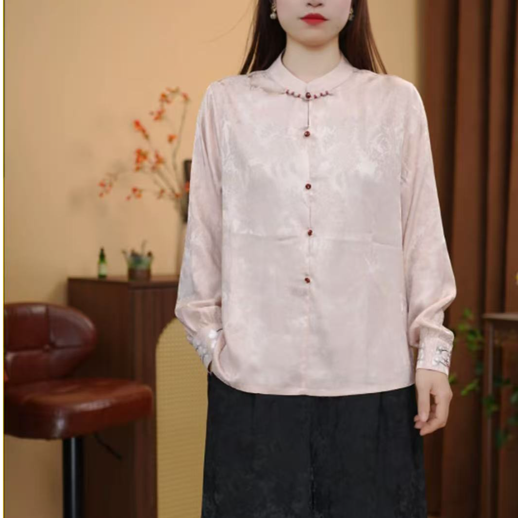 【苏荷丝】绸新中式立领盘扣桑蚕丝提花衬衫气质时尚中国风