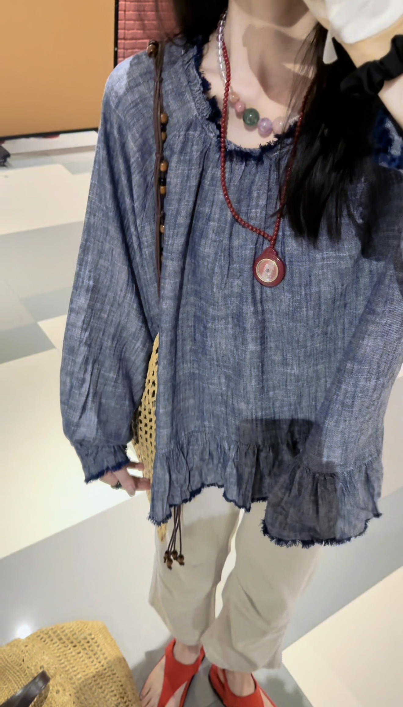 李豆儿 小众定制 花边 苎麻长袖上衣