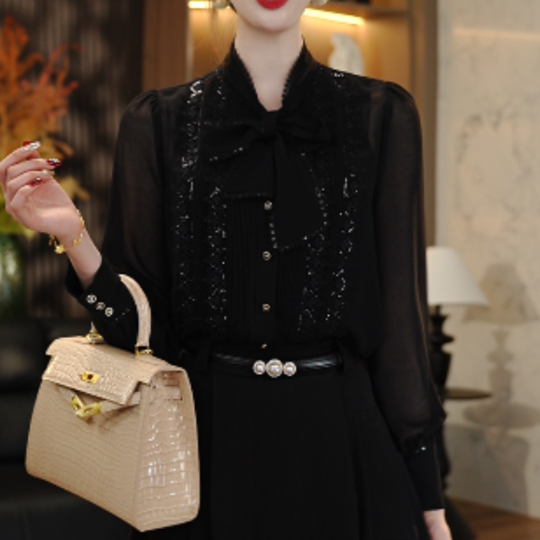 黑色衬衫女长袖2025年春季新款时尚减龄高端亮片蝴蝶结显瘦上衣女