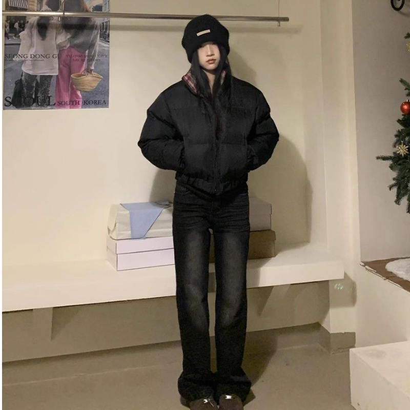 美式潮牌黑色立领双面穿面包服外套女冬季小个子保暖加厚棉服上衣