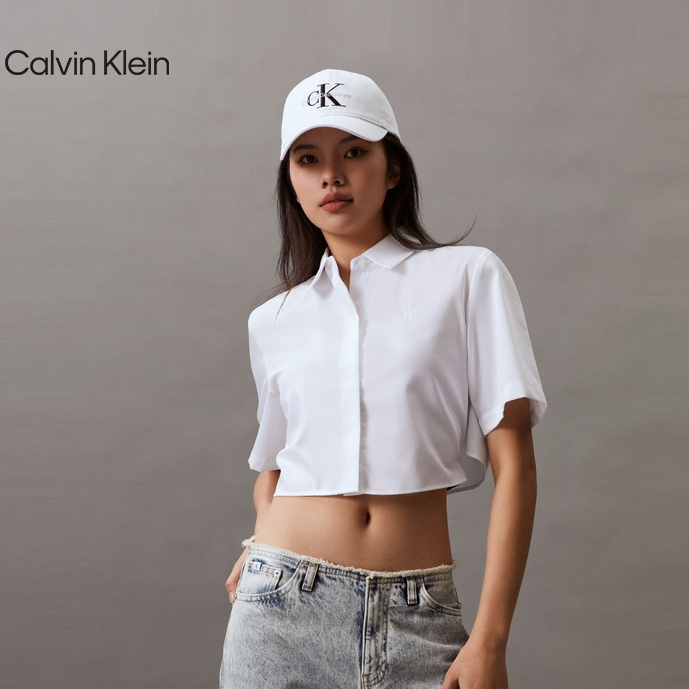 CK Jeans夏季女士撞色提花织带时尚百搭辣妹短款白色衬衫J223334