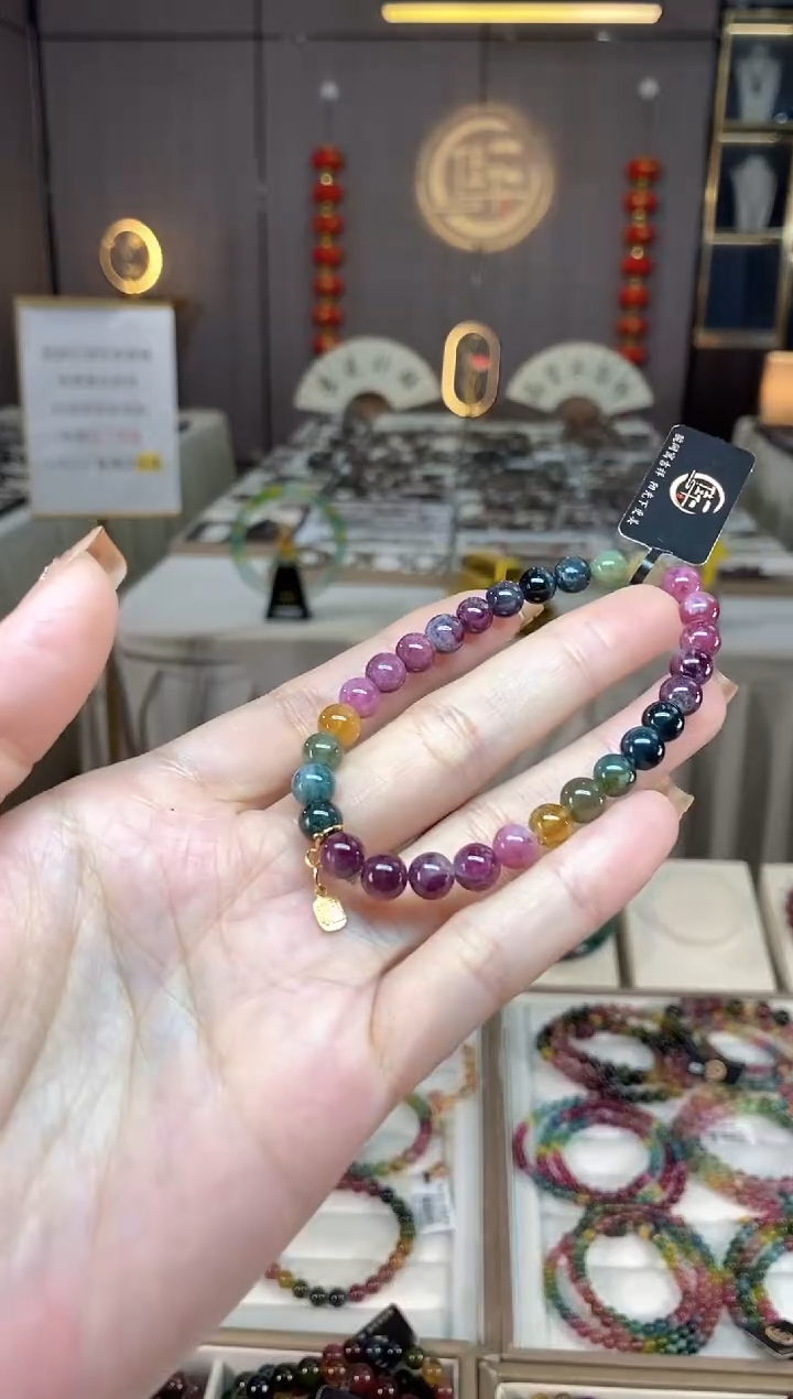 未镶嵌老矿碧玺色标彩虹单圈手串6mm+碧玺dan多样性发货一条
