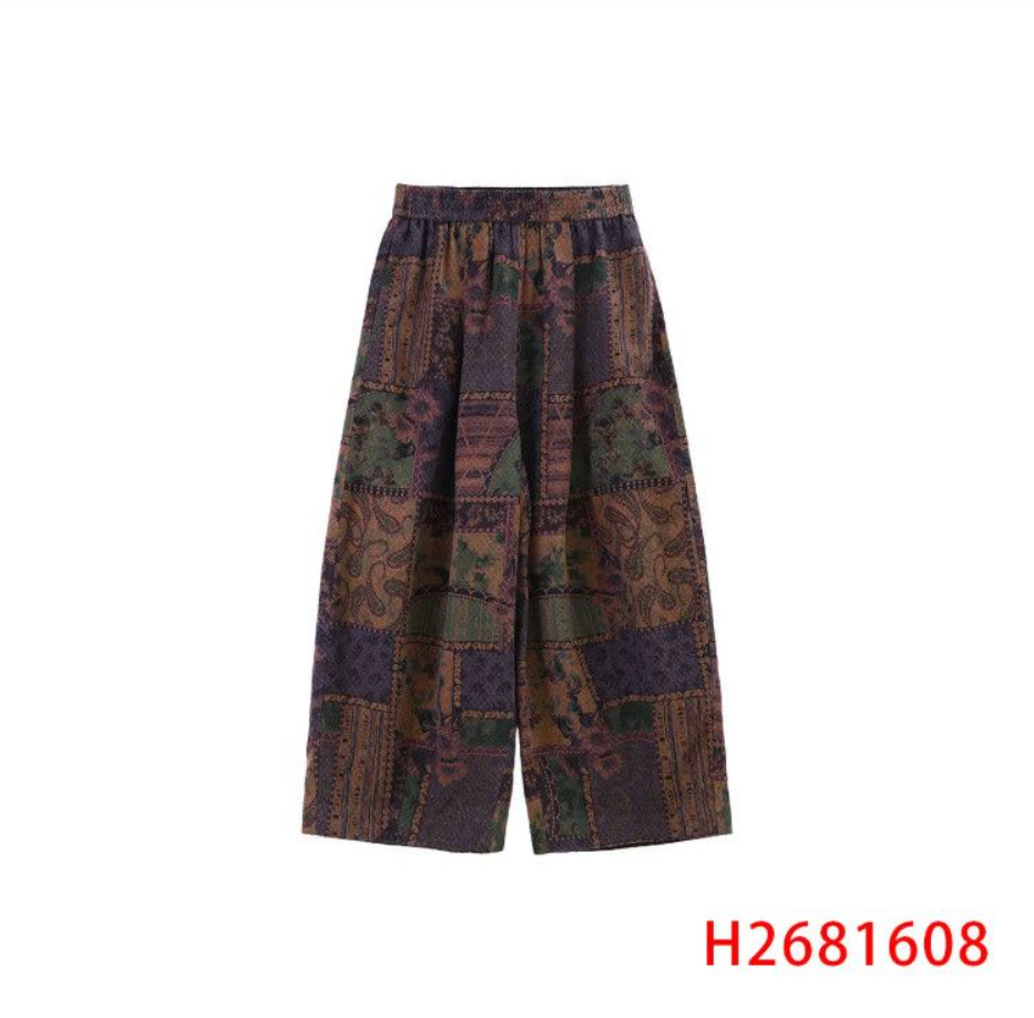 魏 新中式  2681608  双面双穿小菱格原色印花裤子