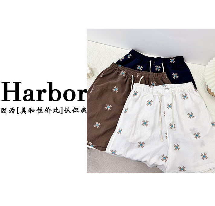Harbor-【舒适柔柔】休闲百搭满身重工抽绳短裤-28097