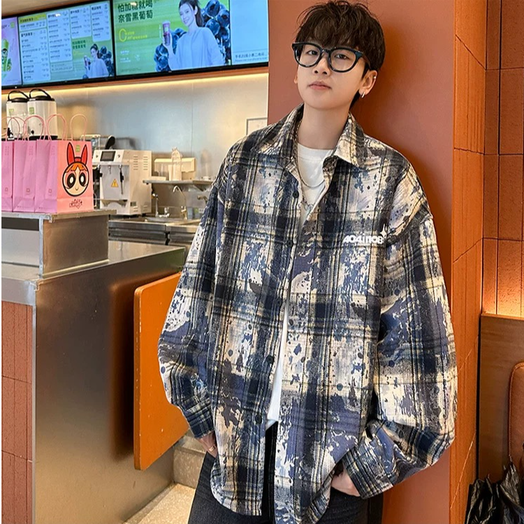 美式复古格纹长袖衬衫男春秋季潮牌vintage宽松休闲街头衬衣外套