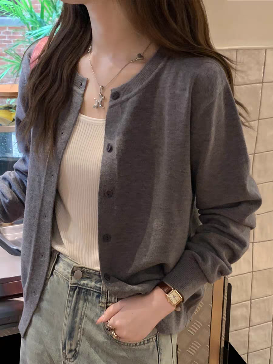 B001-B1000高级感圆领宽松复古显瘦麻花毛衣外套女春秋休闲开衫